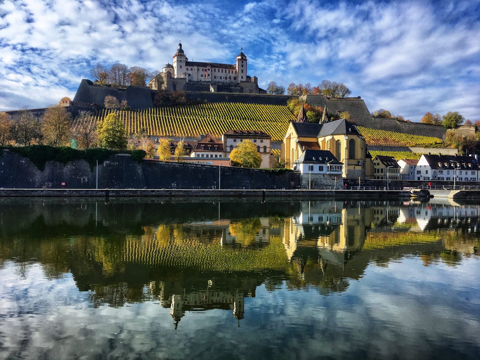 Festung Marienberg über den Weinbergen am Main, gespiegelt im Wasser
