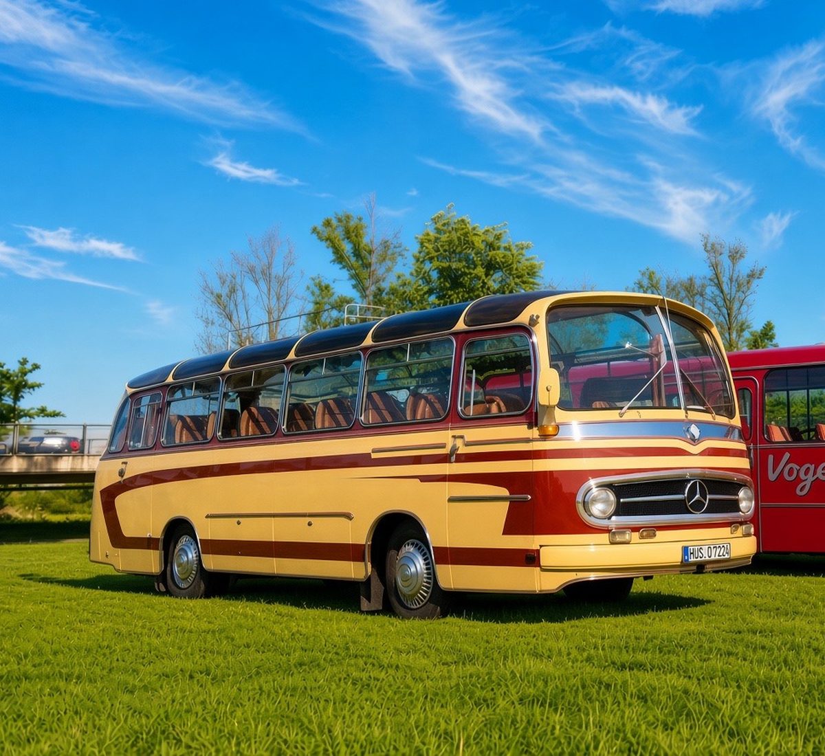 Mercedes Drögmöller O321 H in Creme und Weinrot, Seitenansicht auf einer Wiese unter blauem Himmel, rechts dahinter der rote Magirus Deutz L117