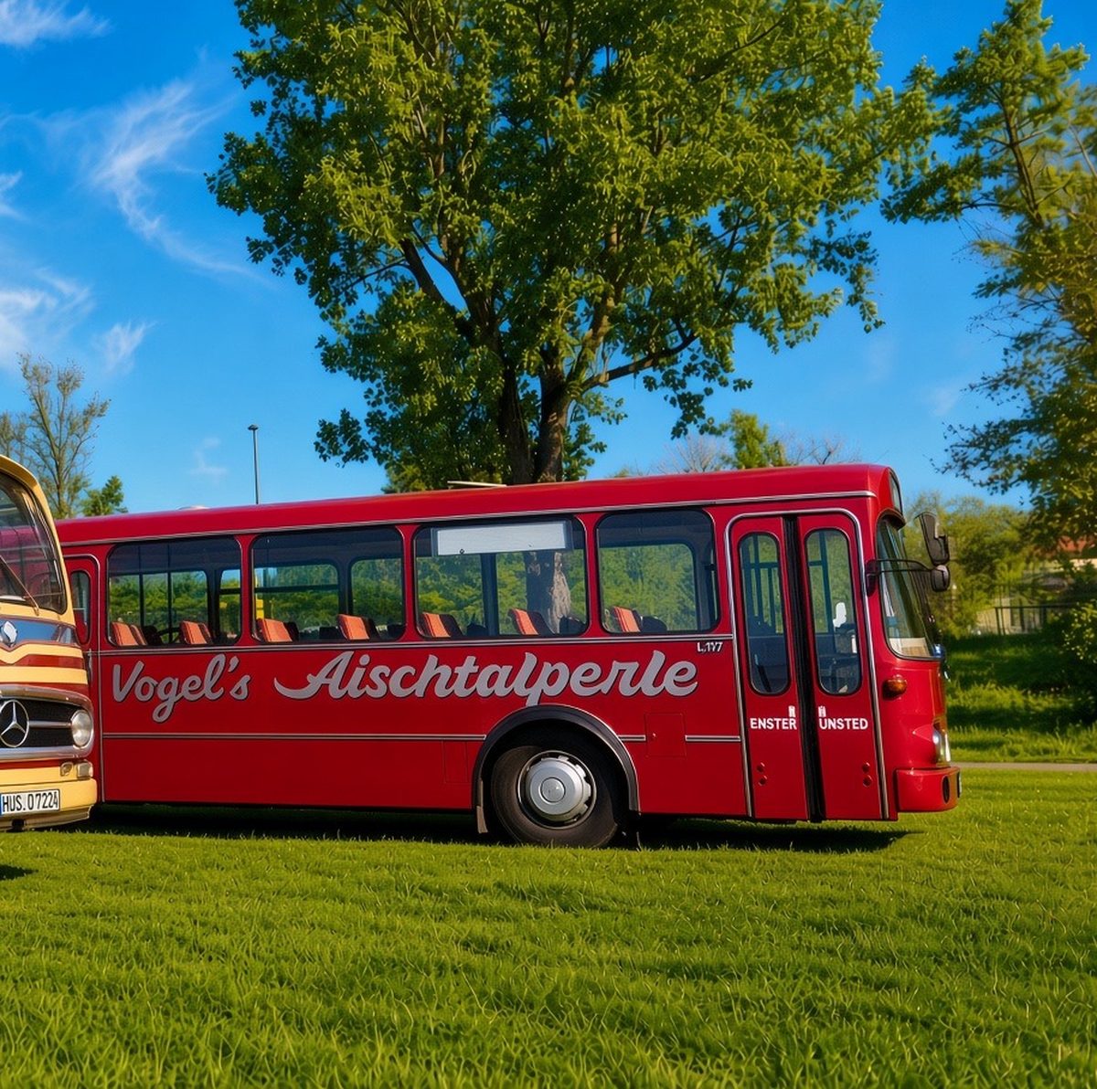 Magirus Deutz L117 Aischtalperle in Rot, Seitenansicht auf einer Wiese unter blauem Himmel, links die Front des Drögmöller